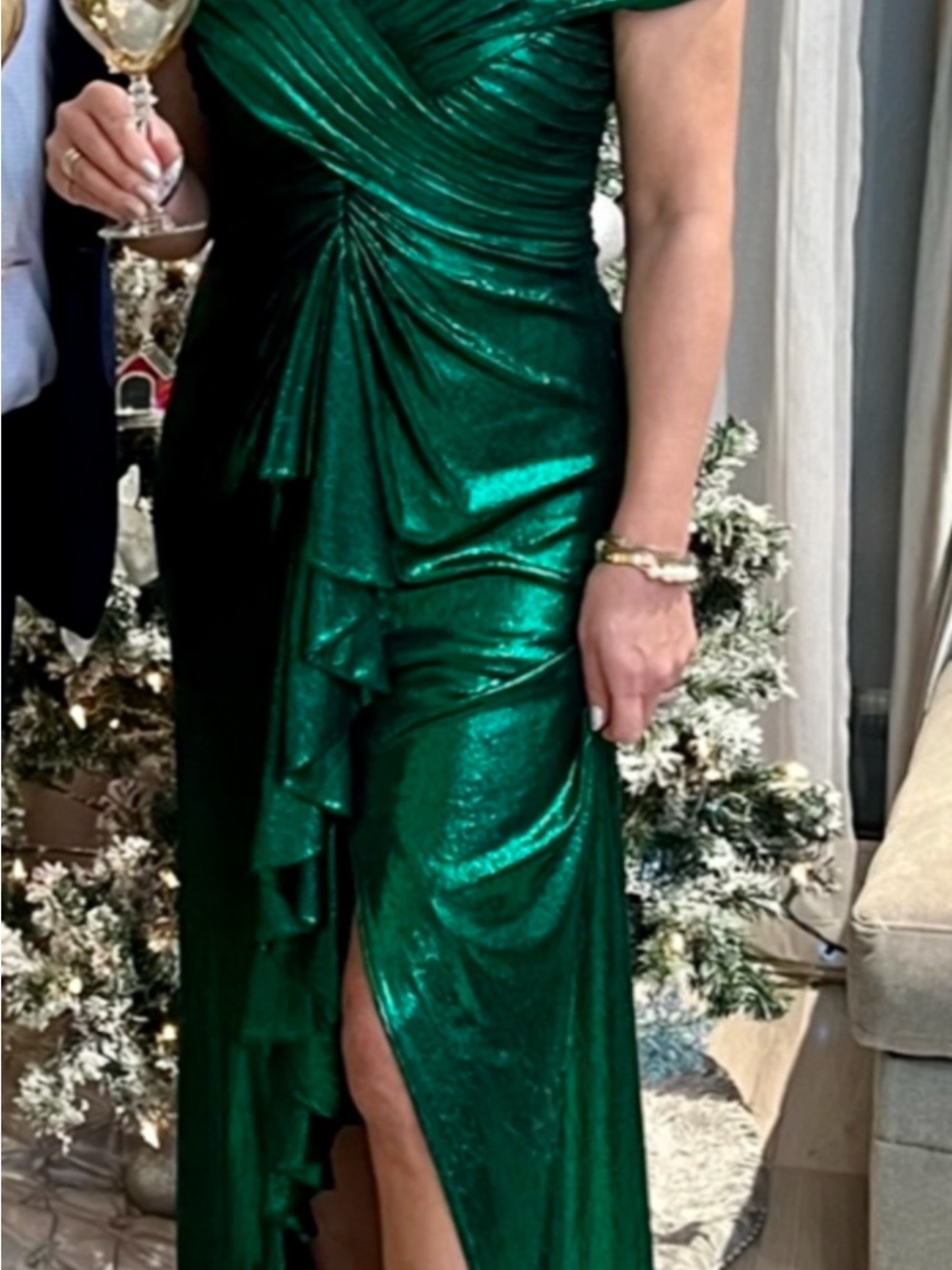 Tadashi Shoji Metallic Emerald Green Ruffle High-Low Dress